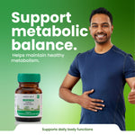 Man with a bottle of Green Milk Moringa Capsules on a green background with text about metabolic balance.
