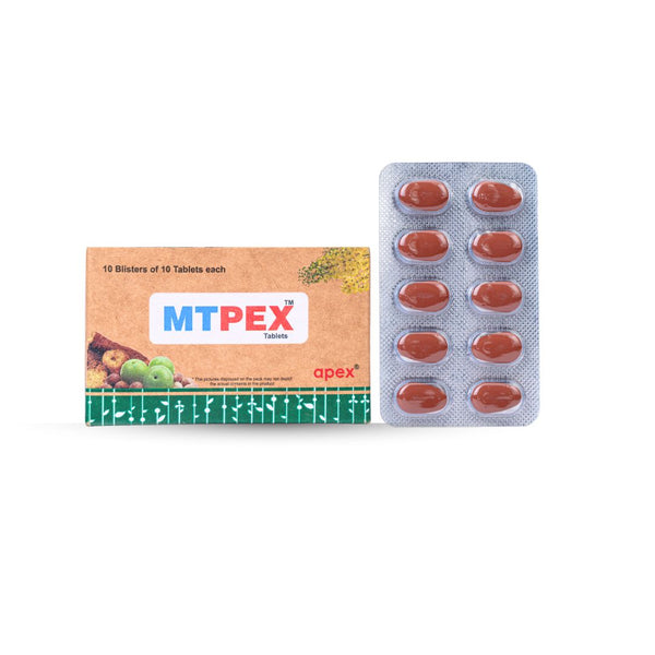 MTPEX tablet packaging with blister pack on a white background