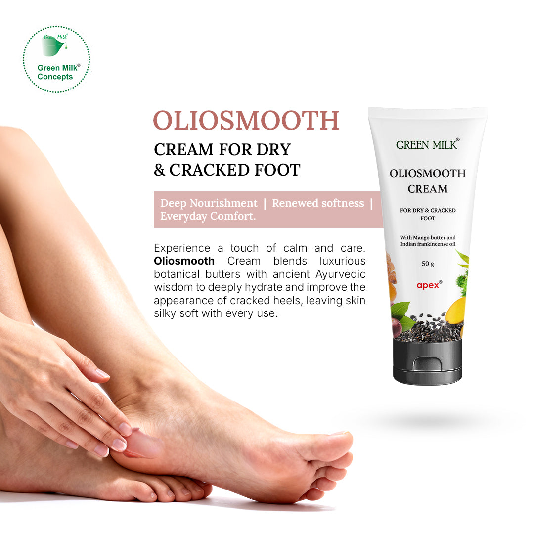 Oliosmooth cream for dry and cracked feet with a person applying the cream to their foot.