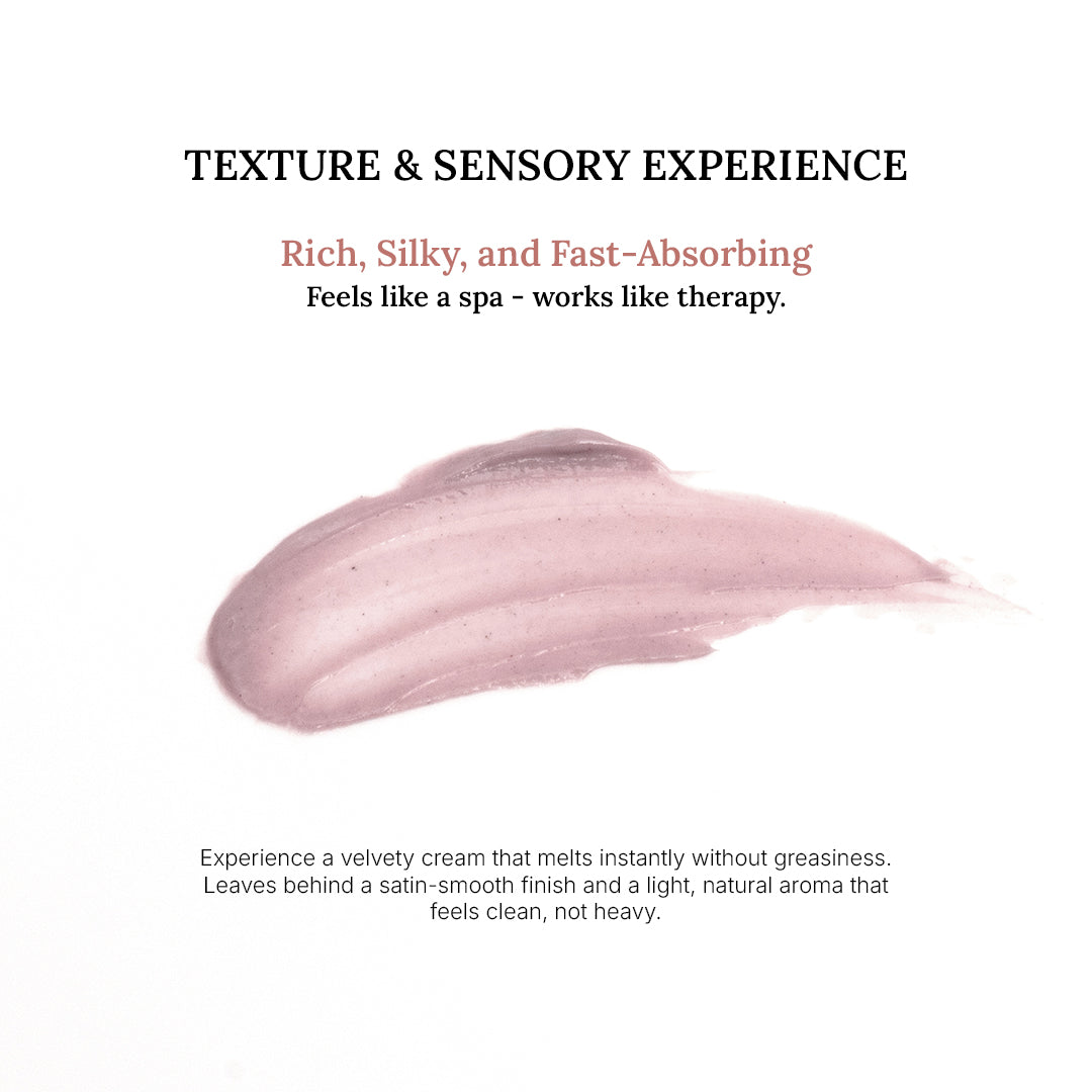 Pink cosmetic cream swatch with text describing texture and sensory experience on a white background