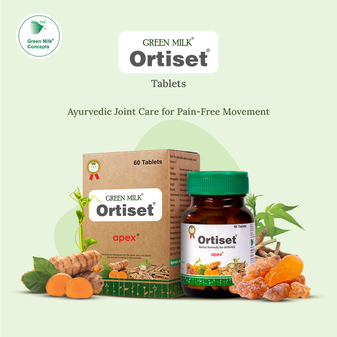 Green Milk Ortiset Ayurvedic Joint Care tablets packaging with herbs on a light green background