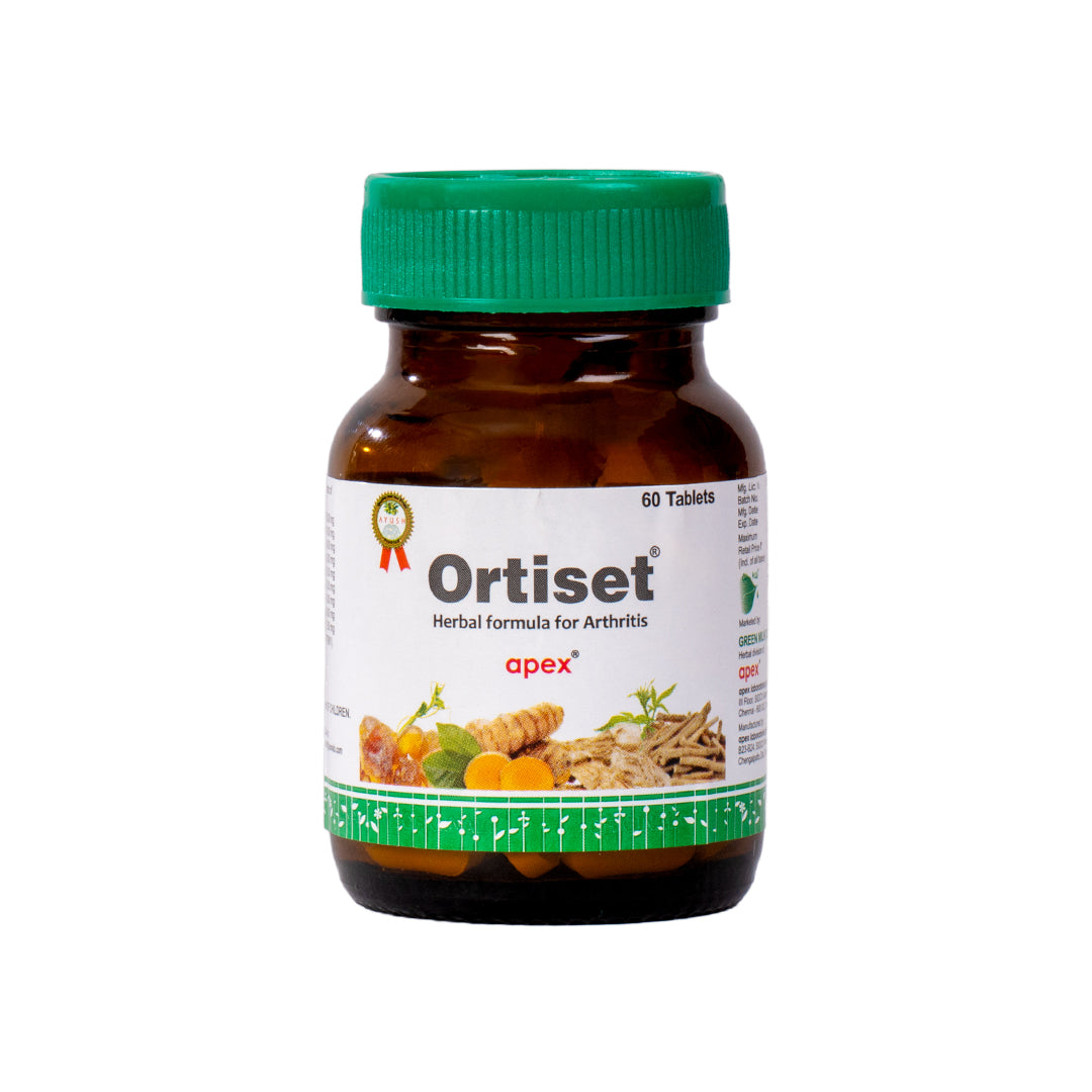 Bottle of Ortiset herbal formula for arthritis with a green cap on a white background