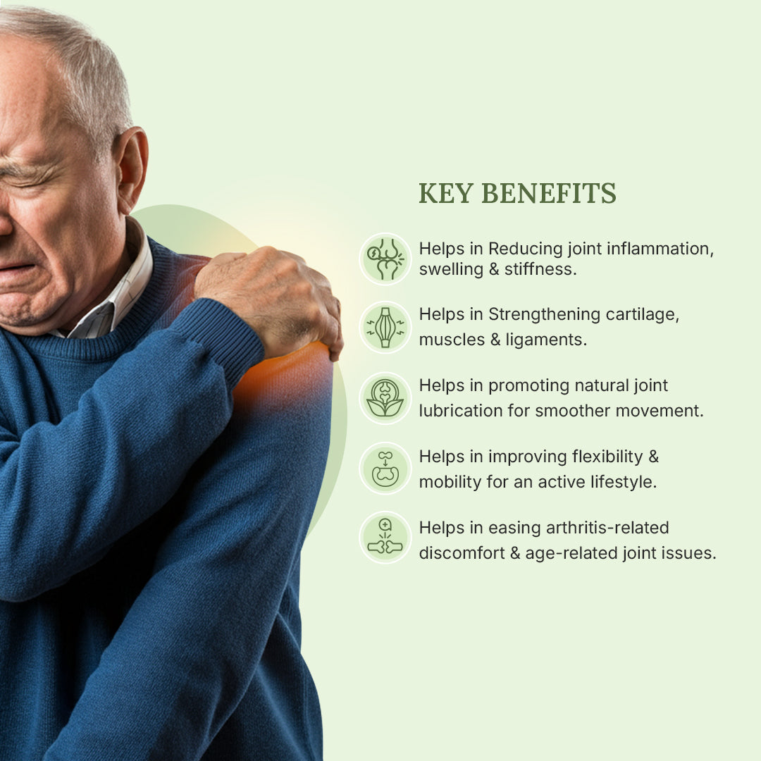 Man holding his shoulder with text on key benefits of joint health on a light green background