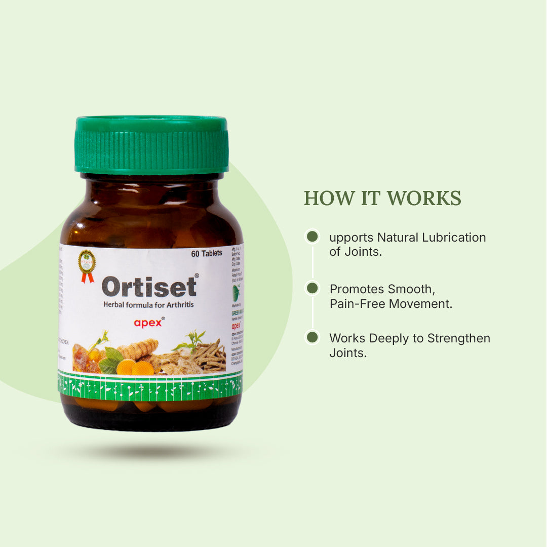 Bottle of Ortiset with green cap on a light green background