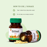Ortiset supplement bottle with tablets on a light green background