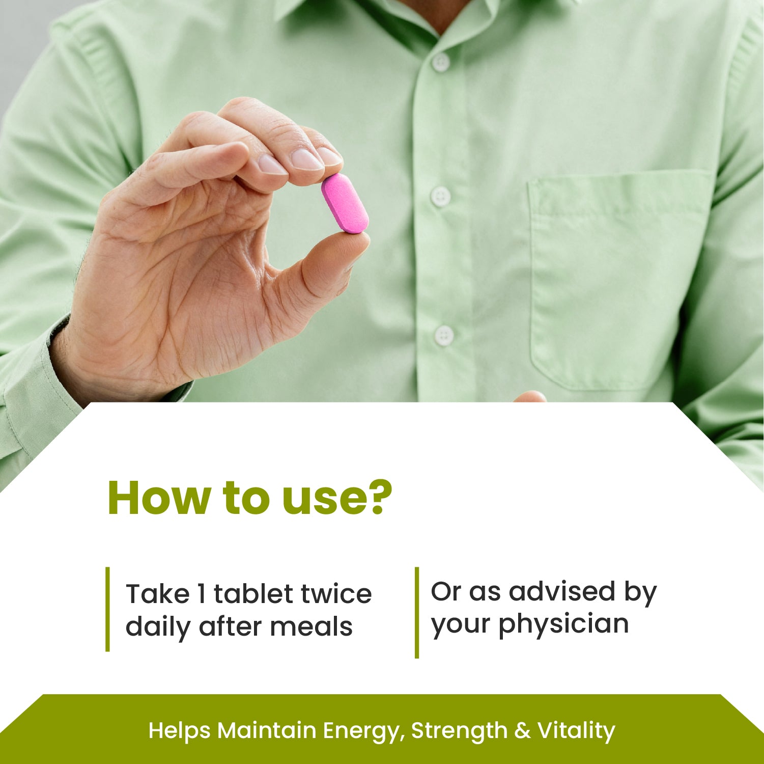 Person holding a pink pill with text on how to use it, against a light green shirt background.