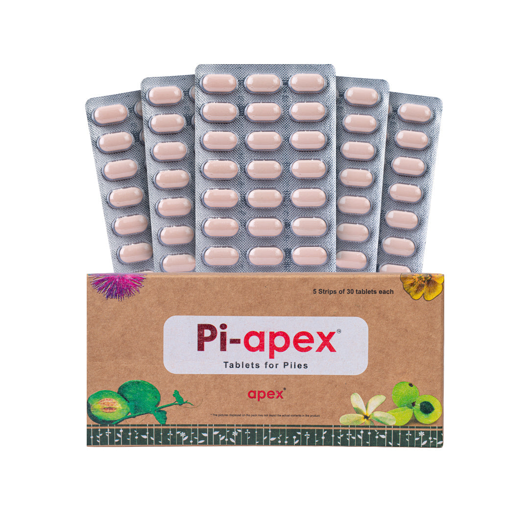 Packaging of Pi-apex Tablets for Piles with pink tablets on a white background
