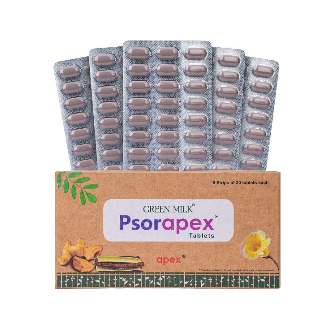Packaging of Green Milk Psorapex Tablets with blister packs on a white background