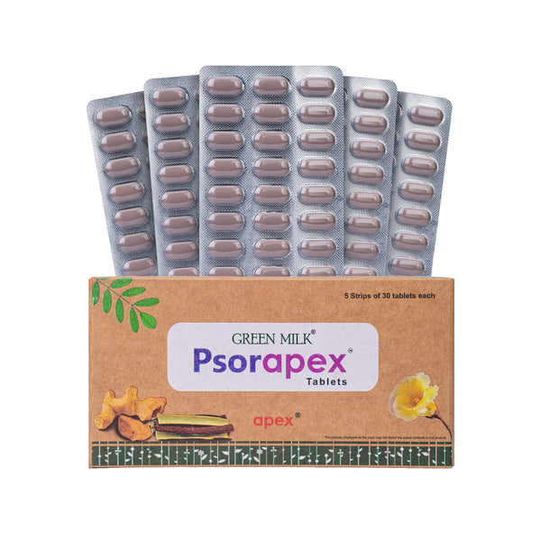 Packaging of Green Milk Psorapex Tablets with blister packs on a white background