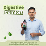 Man holding a bottle labeled 'Pacifier' with text about digestive comfort and polyherbal ayurvedic formula.