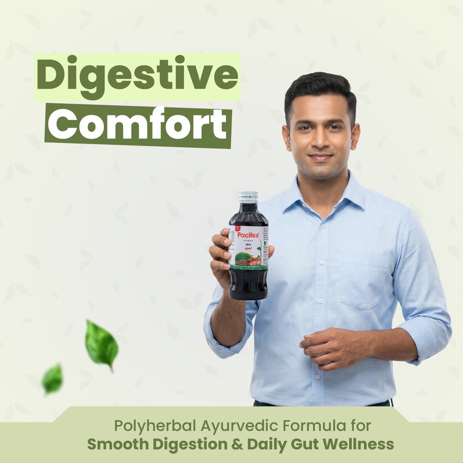 Man holding a bottle labeled 'Pacifier' with text about digestive comfort and polyherbal ayurvedic formula.