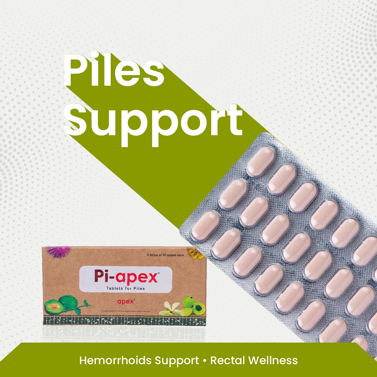 Pi-apex piles support tablets and packaging on a white background with green accents.