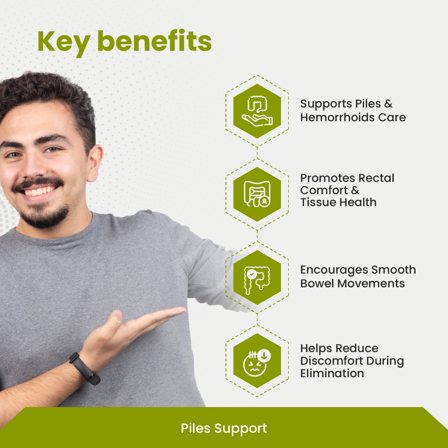 Man pointing to key benefits of a product for piles and hemorrhoids care on a white background.
