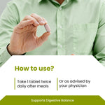 Person holding a pill with text on how to use it and support for digestive balance.