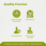 Quality Promise graphic with GMP-certified production, 100% natural, no chemicals, plant-based formula icons on a white background.
