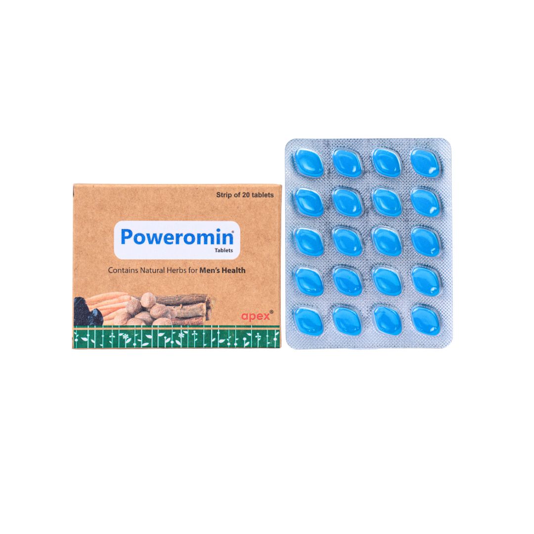 Poweromin supplement packaging with blue tablets on a white background