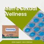 Advertisement for men's sexual wellness products with blue capsules and Poweromnin packaging.