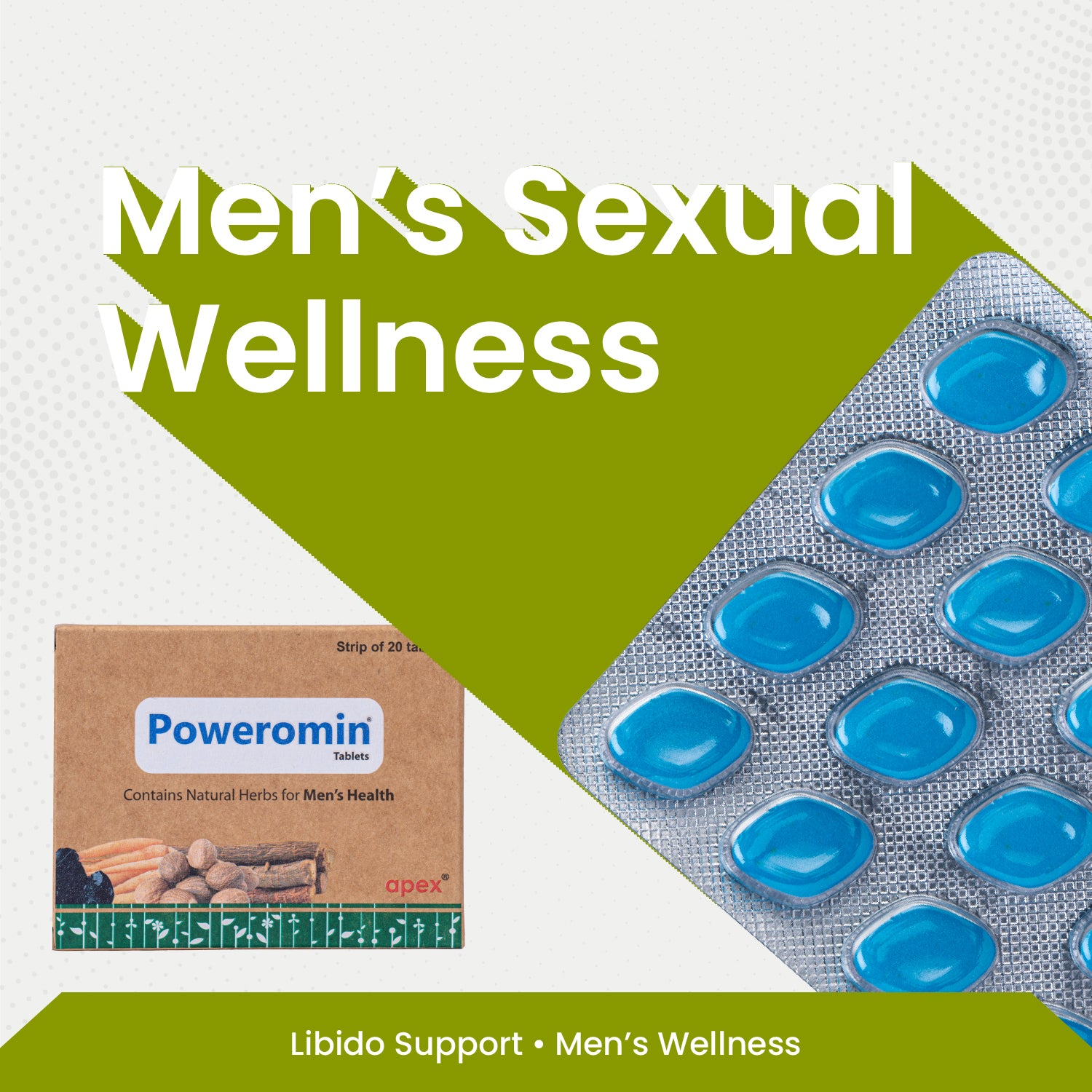 Advertisement for men's sexual wellness products with blue capsules and Poweromnin packaging.