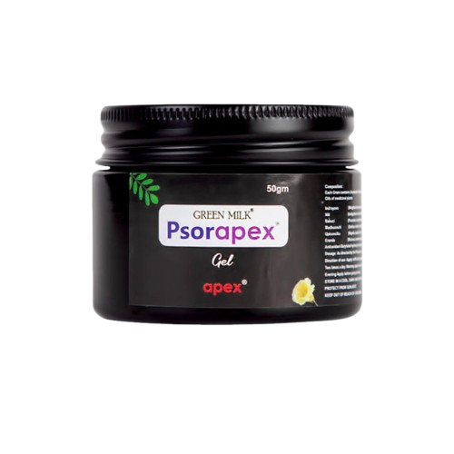 Black jar of Green Milk Psorapex Gel on a white background
