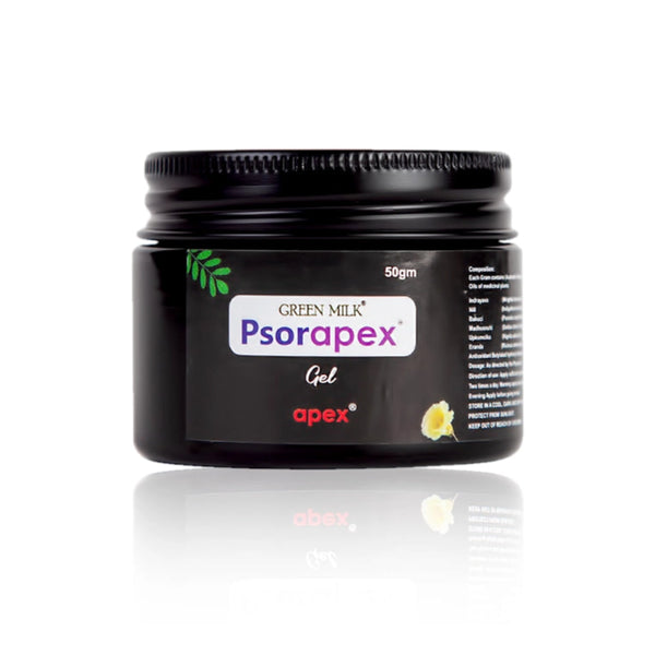 A jar of Psorapex Gel by GREEN MILK, intended for treating skin conditions such as psoriasis and eczema.