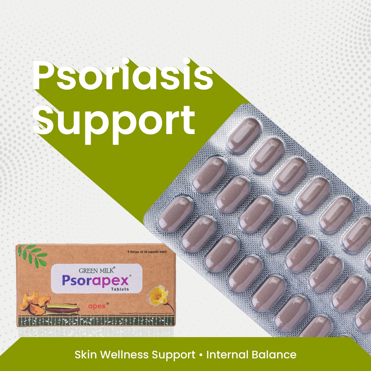 Psoriasis support product with tablets and packaging on a white background