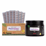 Green Milk Psorapex tablets and gel packaging on a white background