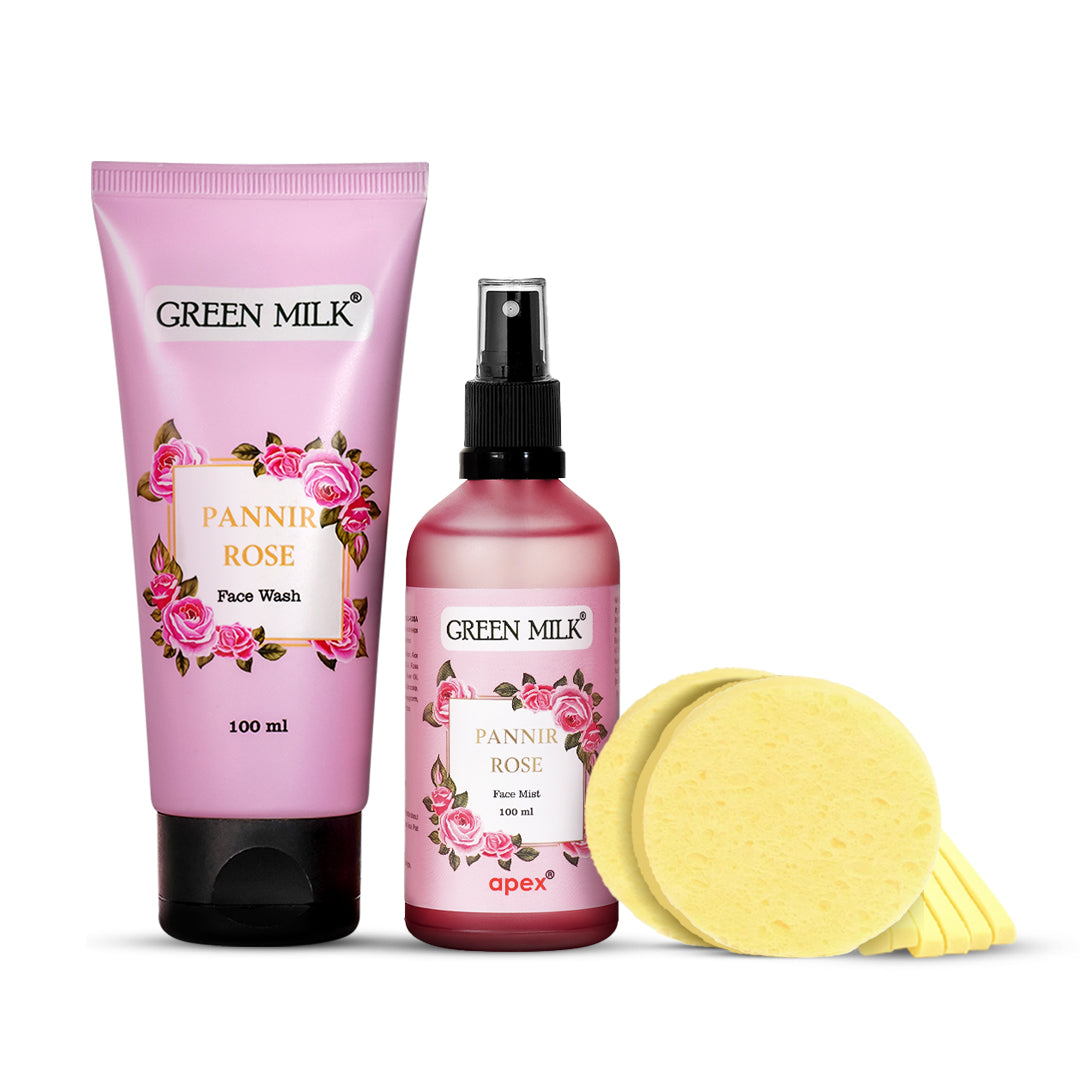 Green Milk Pannir Rose skincare products including a tube, spray bottle, and sponges on a white background.
