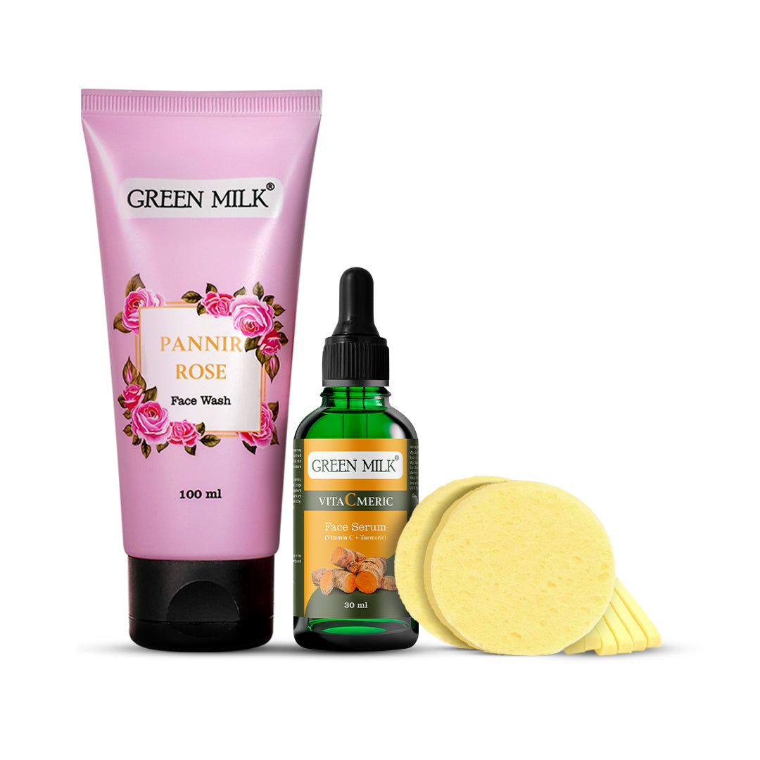 Green Milk skincare products including face wash, serum, and pads on a white background