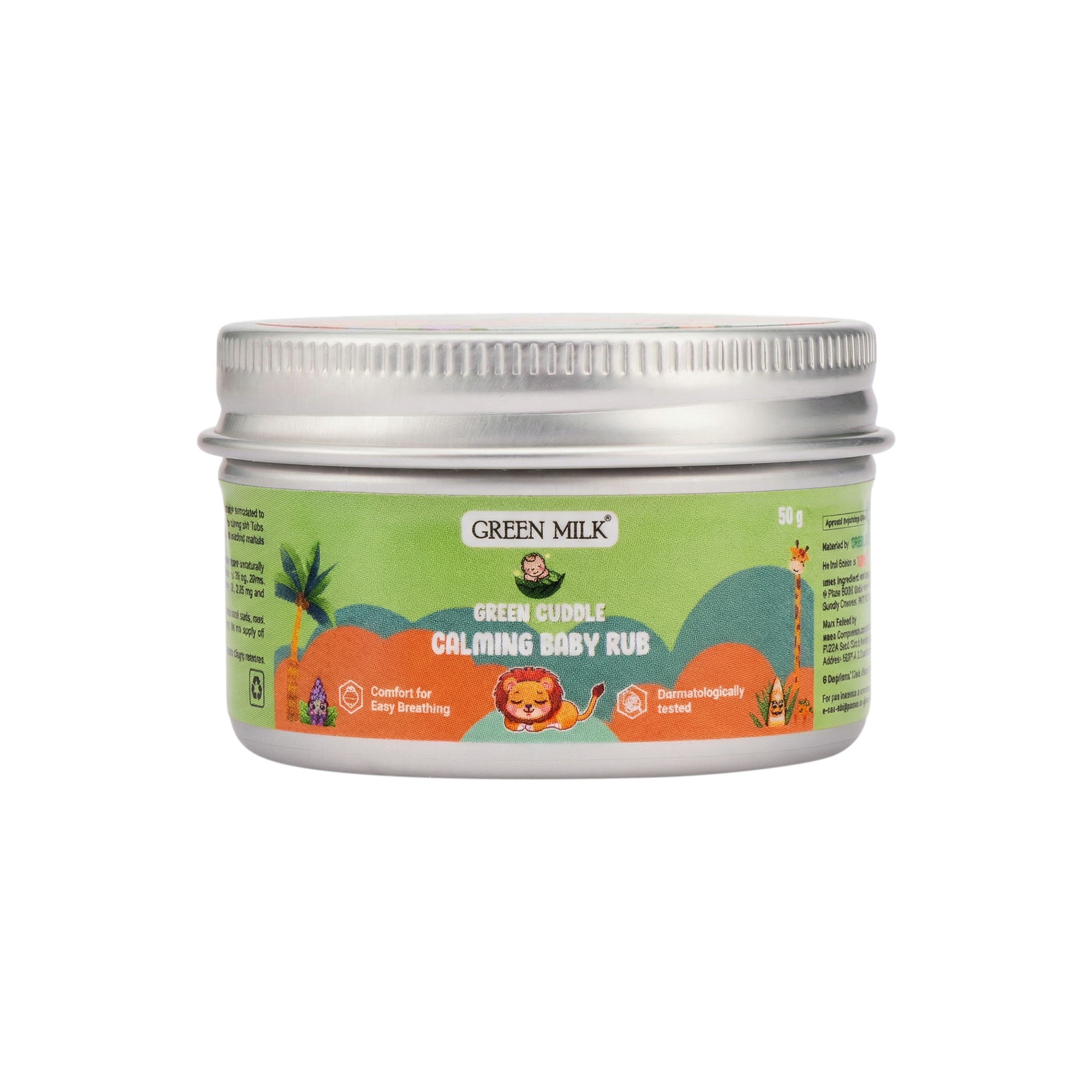 Green Milk calming baby rub jar on a white background