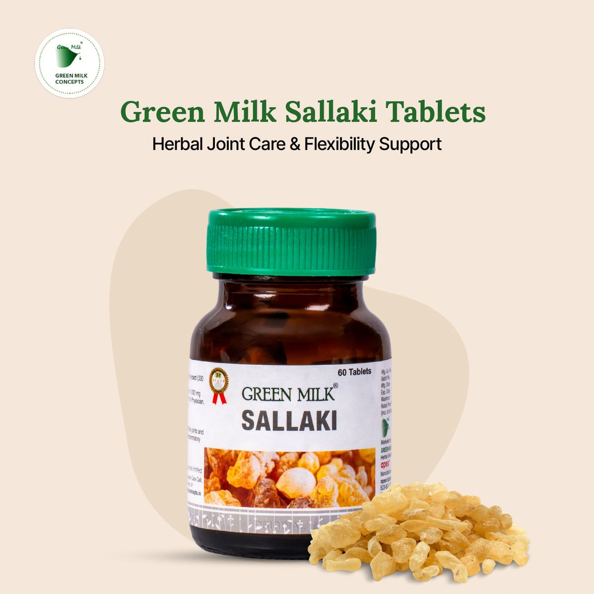 Bottle of Green Milk Sallaki Tablets with a beige background