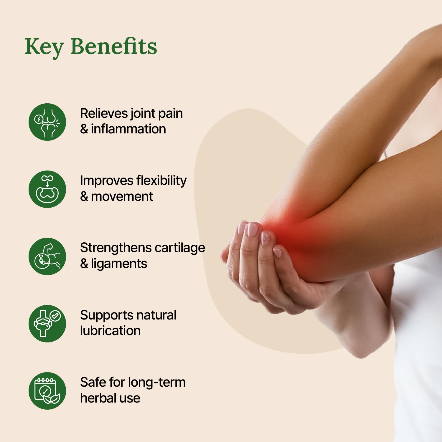 Key benefits of a product for joint health with a person holding their knee.