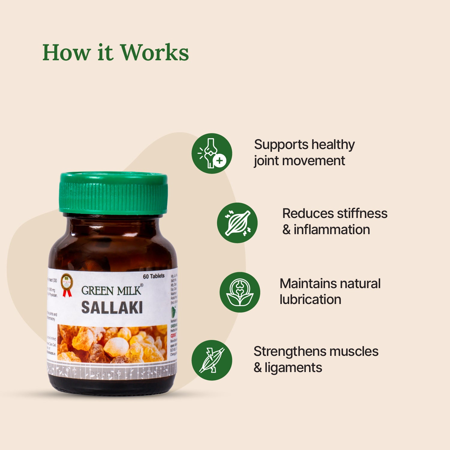 Bottle of Green Milk Sallaki with text on a beige background