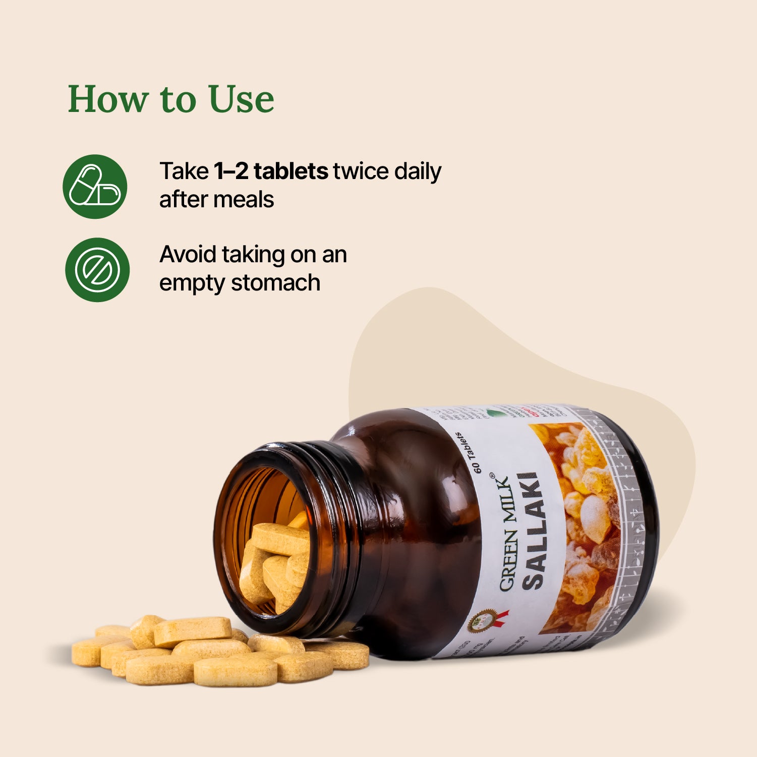 Bottle of Green Milk Sallaki with pills spilling out, labeled 'How to Use' on a beige background.