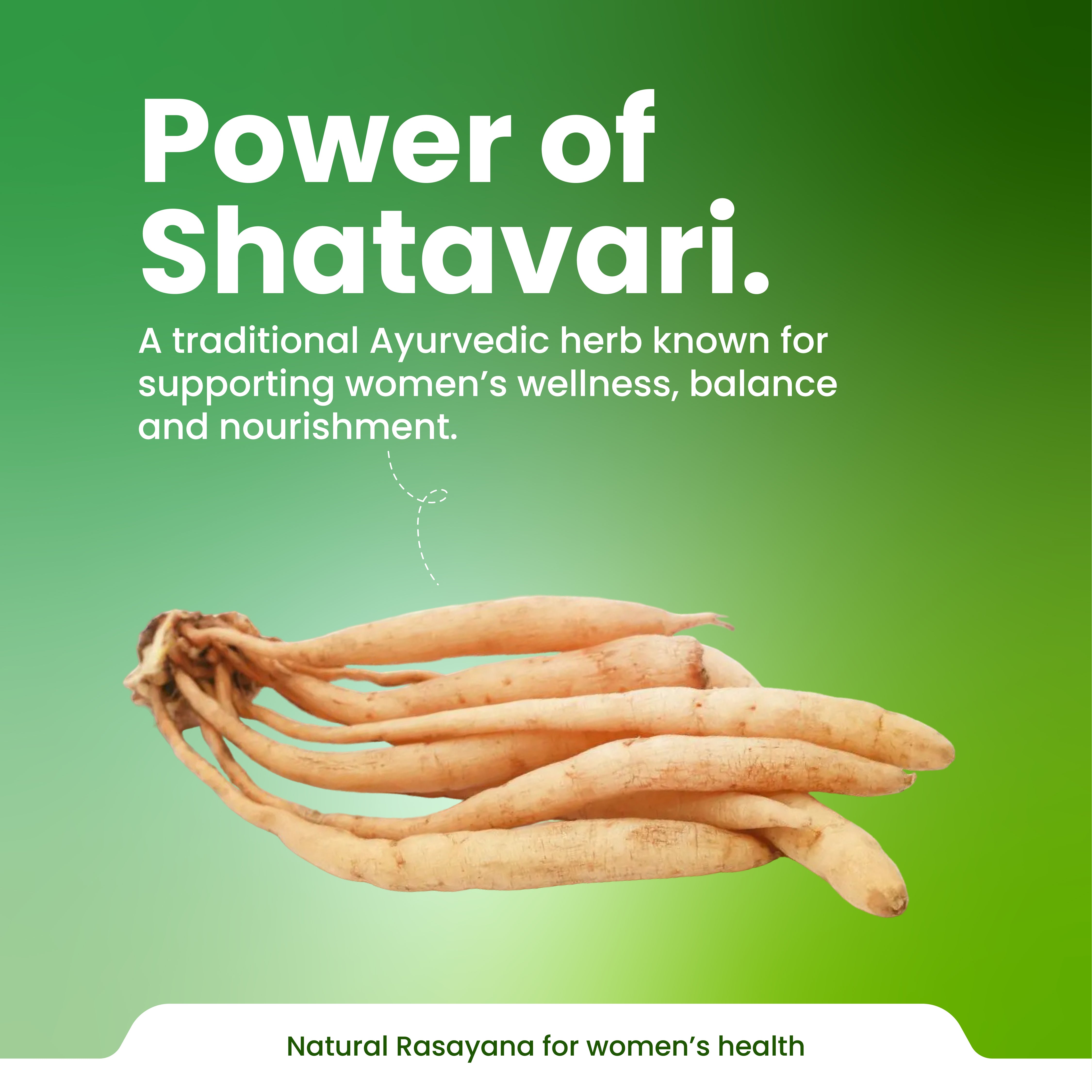 Shatavari roots with text about its benefits on a green background