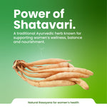 Shatavari roots with text about its benefits on a green background