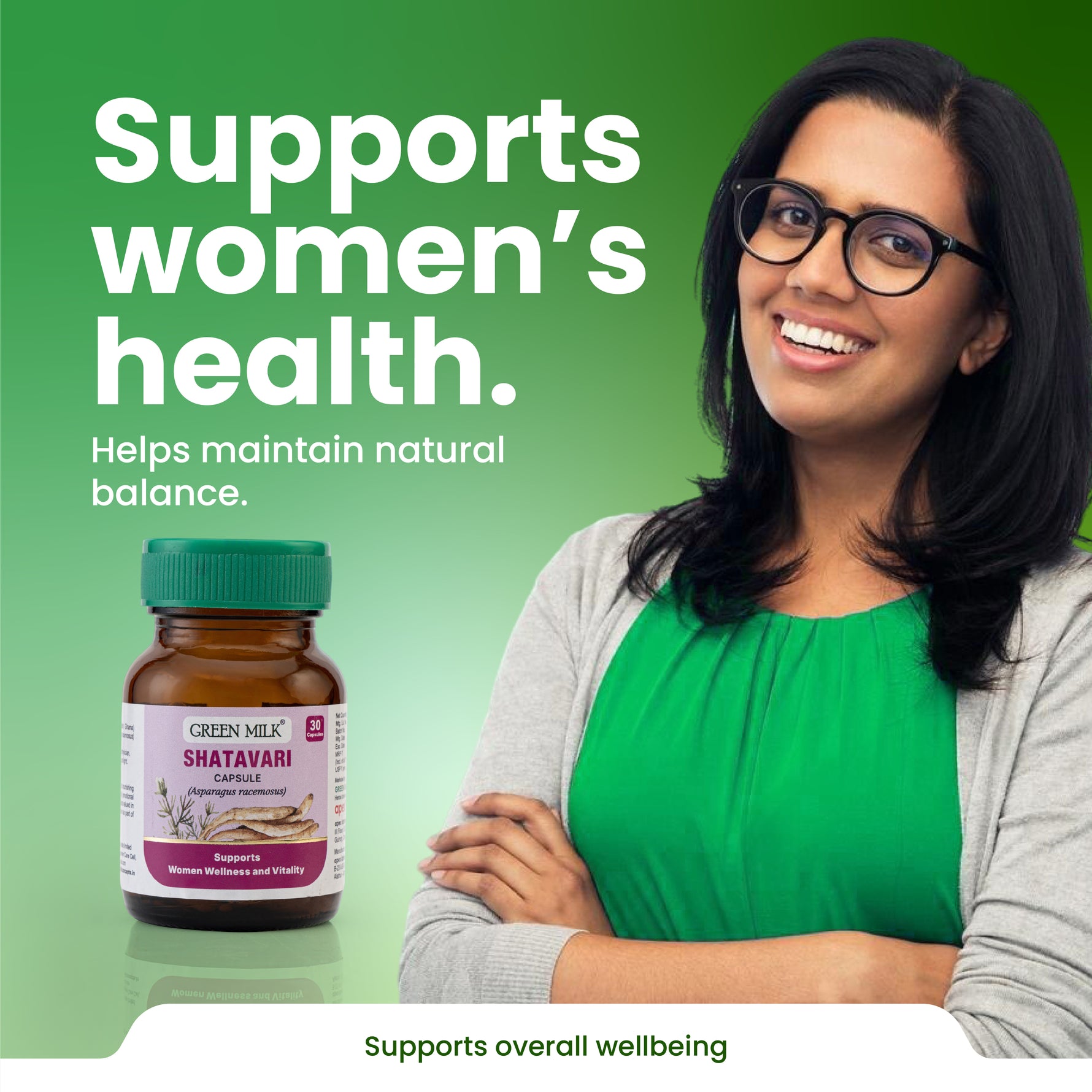 Woman with a bottle of Shatavari on a green background, promoting women's health and wellbeing.