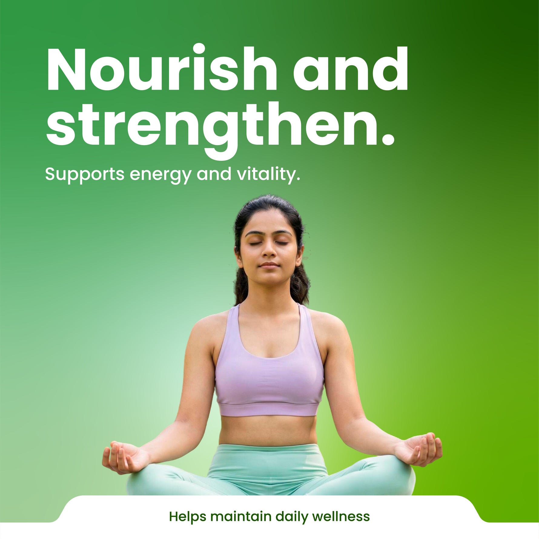 Woman in a yoga pose with motivational text on a green background