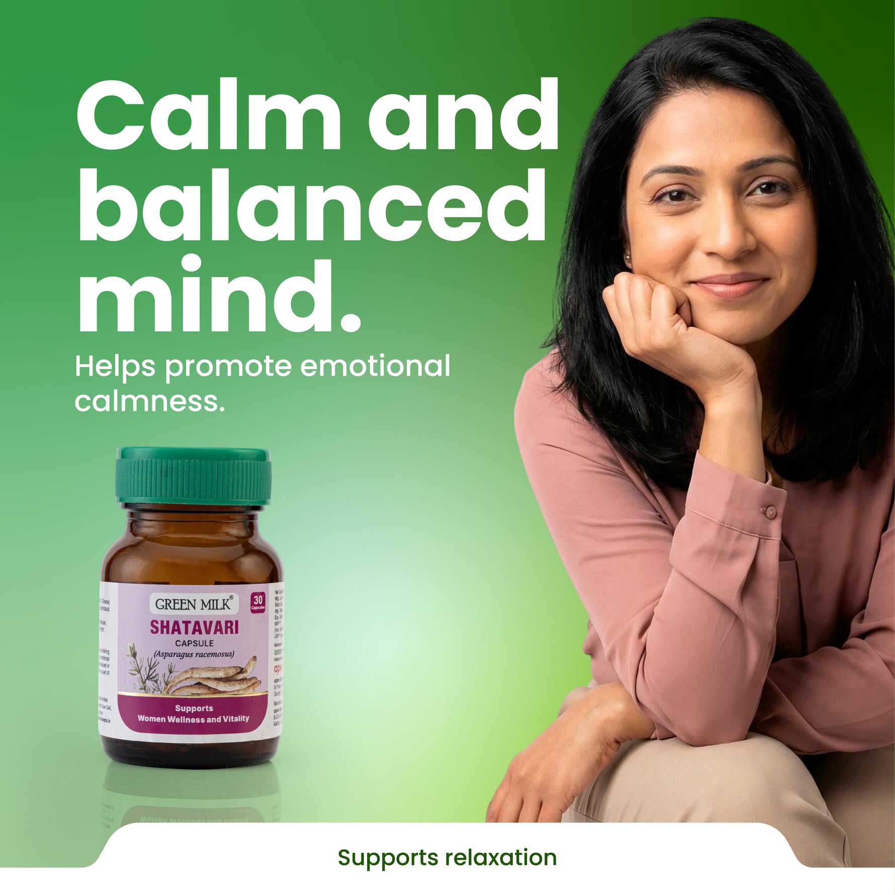 Woman with a bottle of Green Milk Shatavari on a green background with text about promoting emotional calmness.