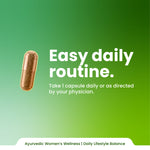 Capsule with text on a green background, promoting an easy daily routine for Ayurvedic women's wellness.