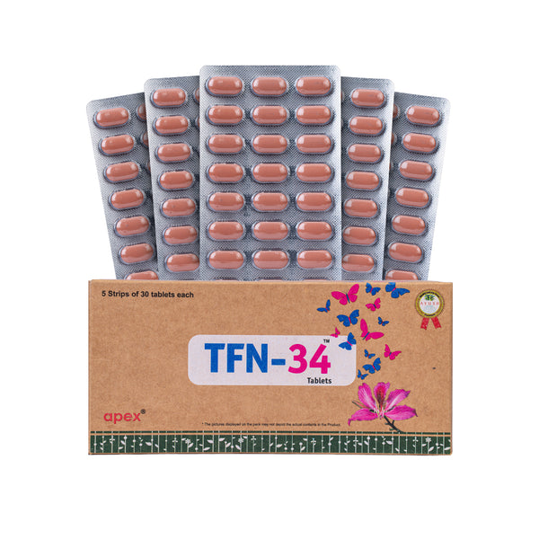 Packaging of TFN-34 tablets with a cardboard box and blister packs on a white background