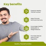 Man pointing to key benefits of a product on a white background