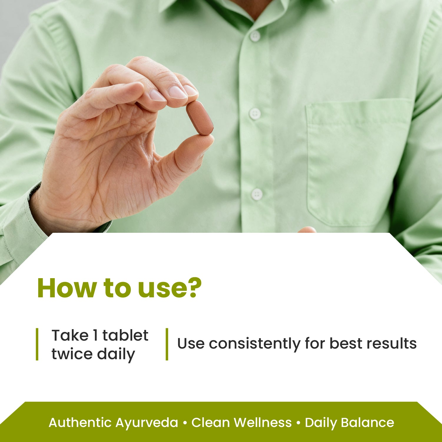 Person holding a tablet with instructions on how to use it, wearing a green shirt.