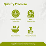Quality Promise graphic with GMP certification, vegetarian, natural herbs, and clean formula icons on a white background.