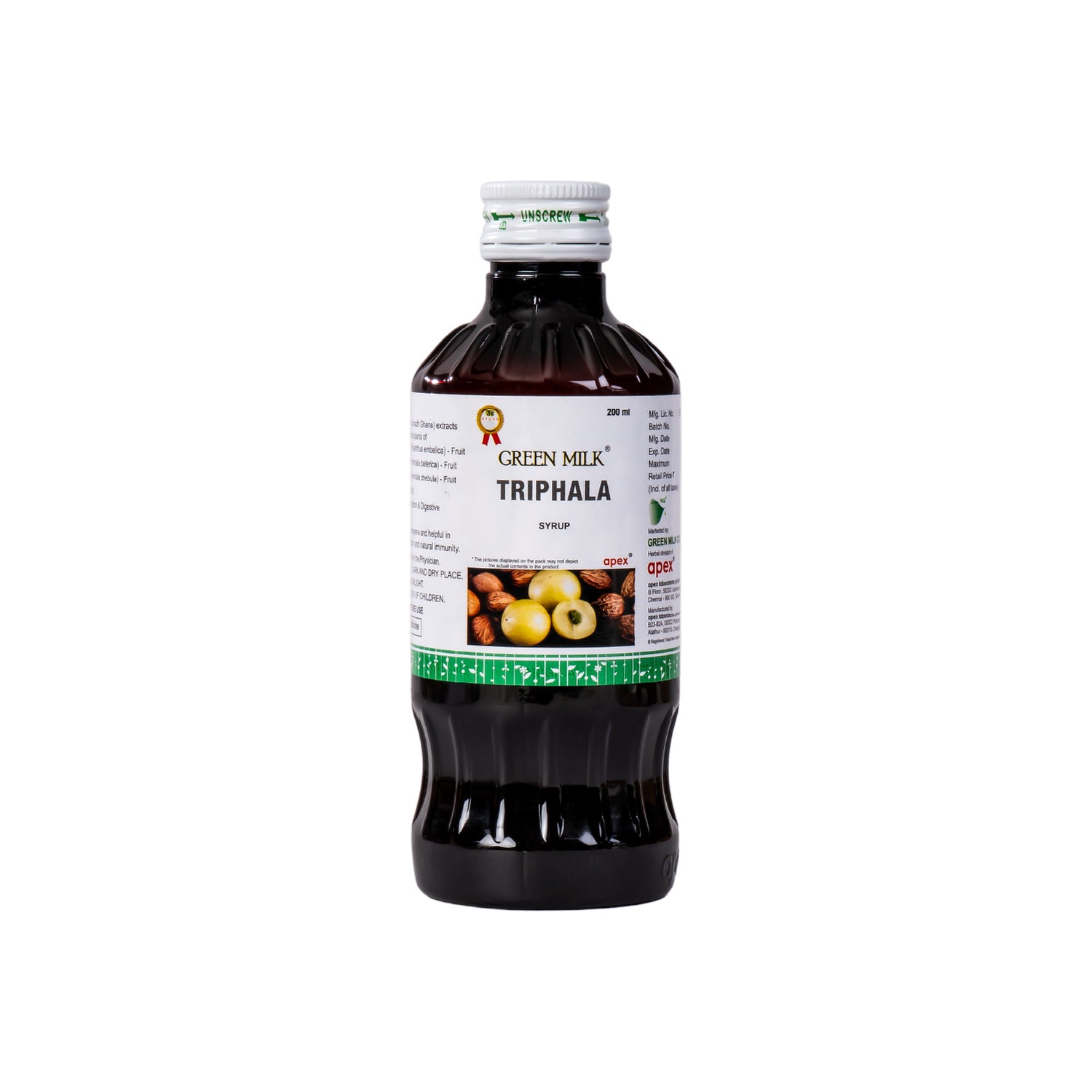 Bottle of Green Milk Triphala syrup on a white background