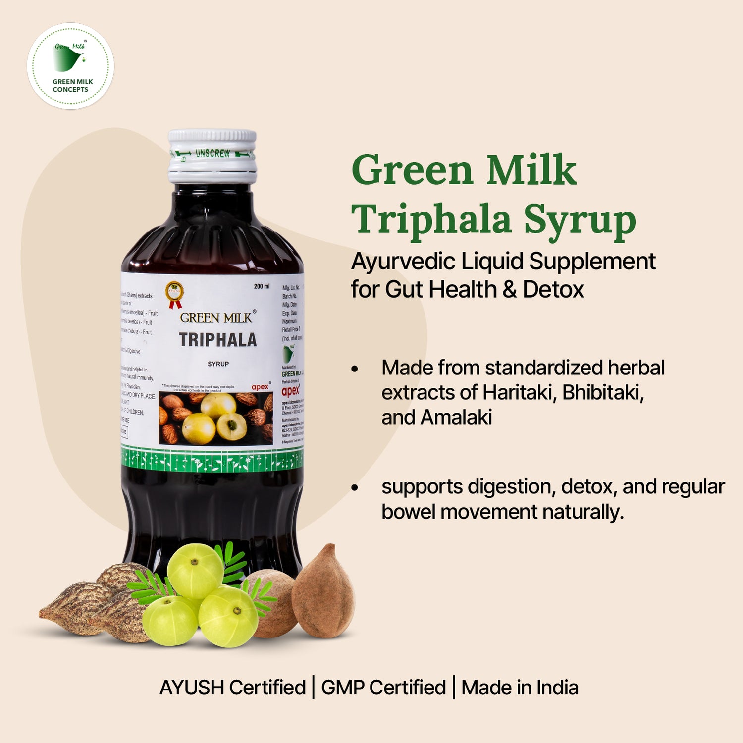Green Milk Triphala Syrup bottle with product details on a beige background