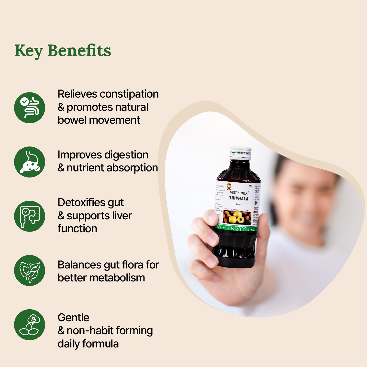 Bottle of digestive supplement with key benefits listed on a beige background