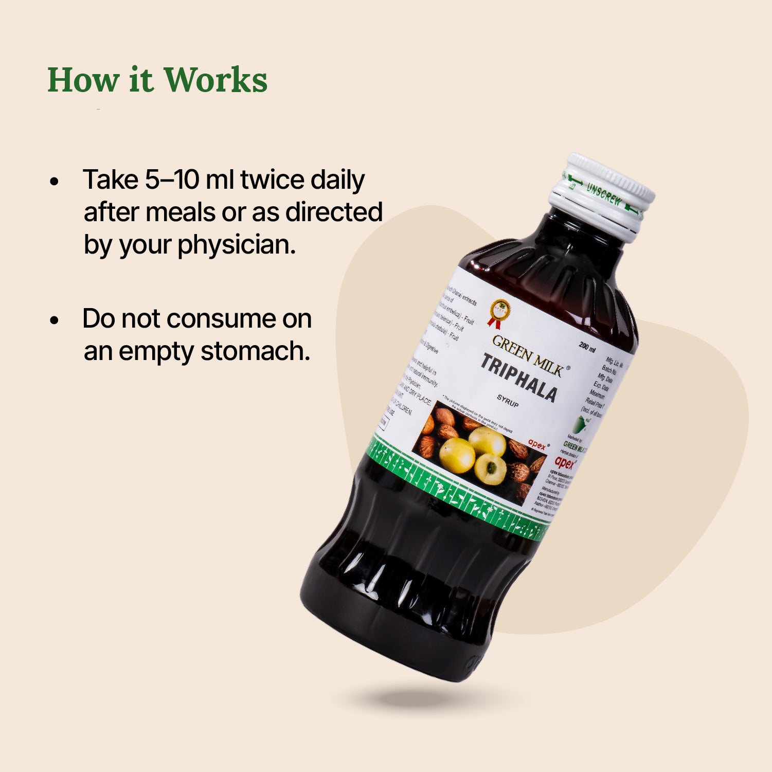 Bottle of Triphala syrup with usage instructions on a beige background