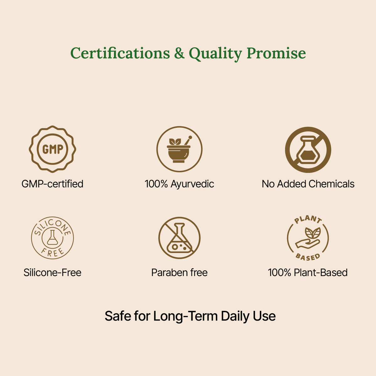 Certifications and quality promise icons on a beige background