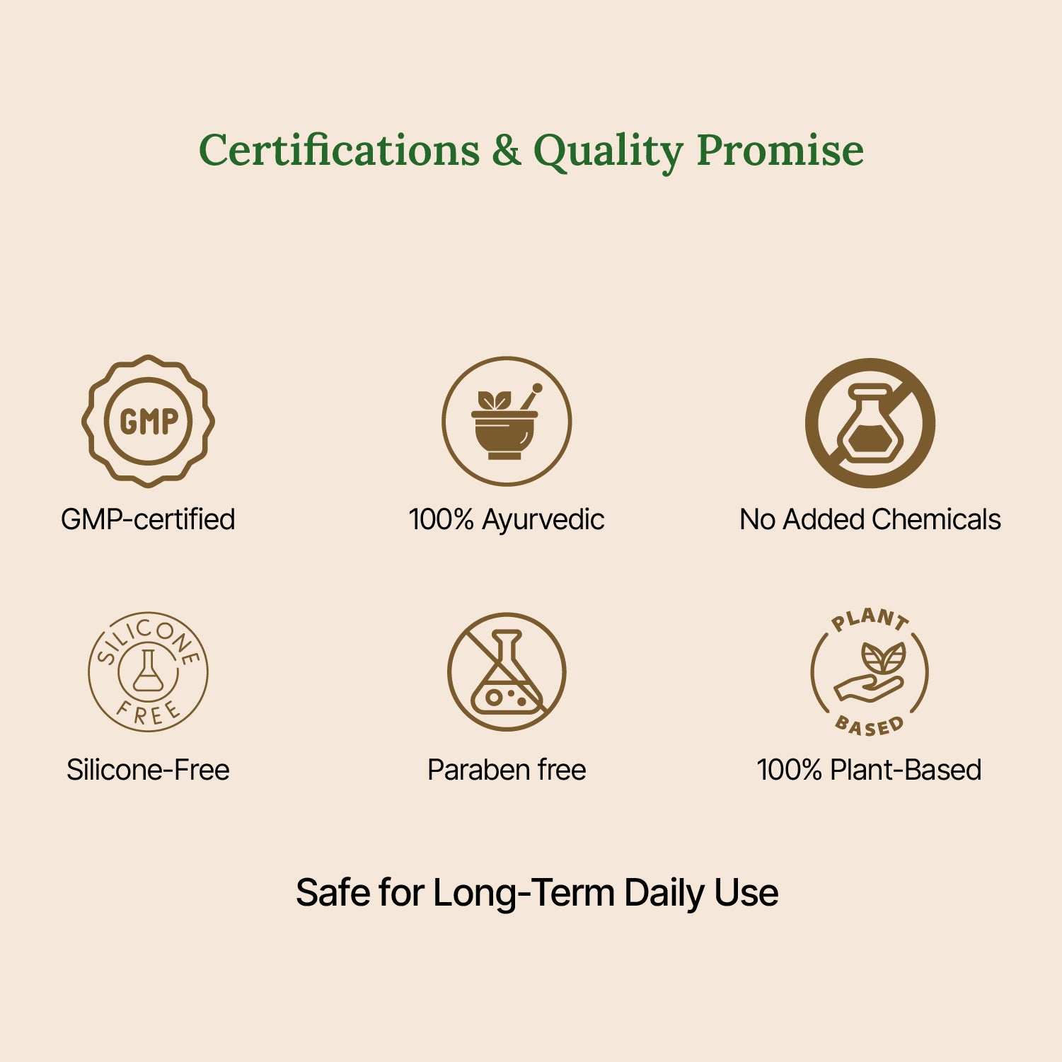 Certifications and quality promise icons on a beige background