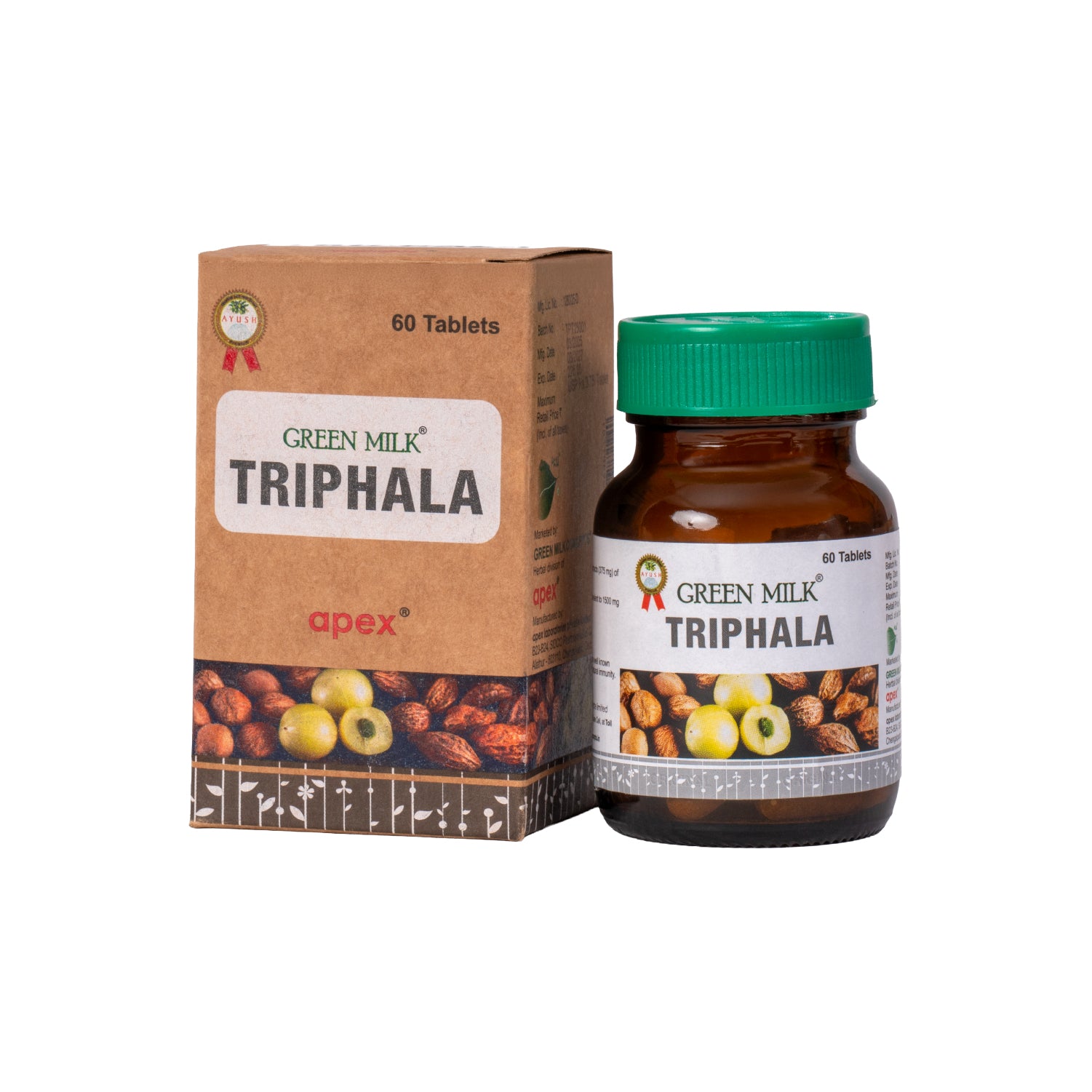 Green Milk Triphala supplement bottle and packaging on a white background